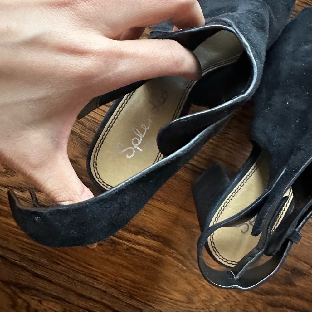 Black Suede Peep Toe Heeled Booties - Picture 16 of 16